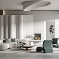 Modern Living Room Interior With Curved Sofa Light Green Armchairs Fireplace And Wooden Accents