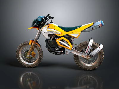 Yellow And White Off Road Motorcycle With Muddy Tires Black Seat And Sporty Design 3d model