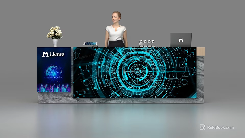 Futuristic Reception Desk with Blue Digital Patterns Lexinu Logo Flower Vase Tablet and Laptop 3d model 