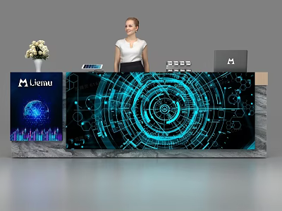 Futuristic Reception Desk with Blue Digital Patterns Lexinu Logo Flower Vase Tablet and Laptop 3d model