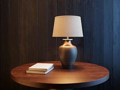 Stylish Table Lamp On Round Wooden Table With Two Books Against Dark Wooden Wall Background 3d model