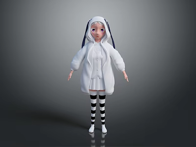 Child In White Hooded Coat Standing With Black And White Striped Stockings 3d model