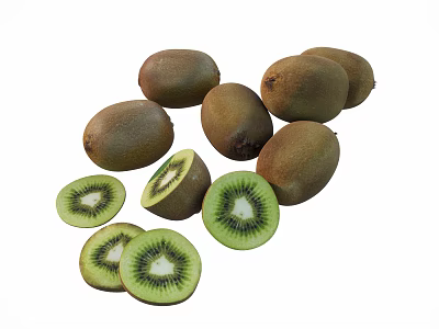Fresh Green Kiwi Fruit Whole And Sliced With Black Seeds On White Background 3d model