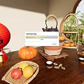 Traditional Chinese Tea Set with Natural Elements Fruits and Bamboo Tray on Wooden Table