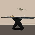 Modern Minimalist Dining Table With Marble Top Black Geometric Base Fruits Glasses and Potted Plant
