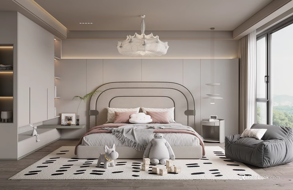 Kids Bedroom Interior Design With Crown Chandelier Curved Headboard Bed Stuffed Toys Black White Rug 3d model 