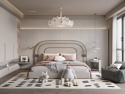 Kids Bedroom Interior Design With Crown Chandelier Curved Headboard Bed Stuffed Toys Black White Rug 3d model