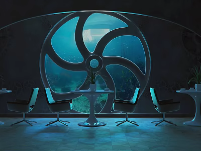 Modern Restaurant Featuring Large Circular Porthole Aquarium Marine Life Blue Lighting and Dining Chairs 3d model