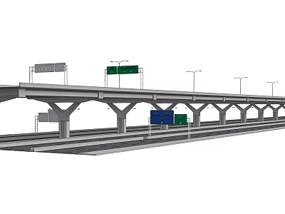 Modern Highway Bridge Structure Featuring Multiple Pillars Traffic Signs And Street Lights 3d model