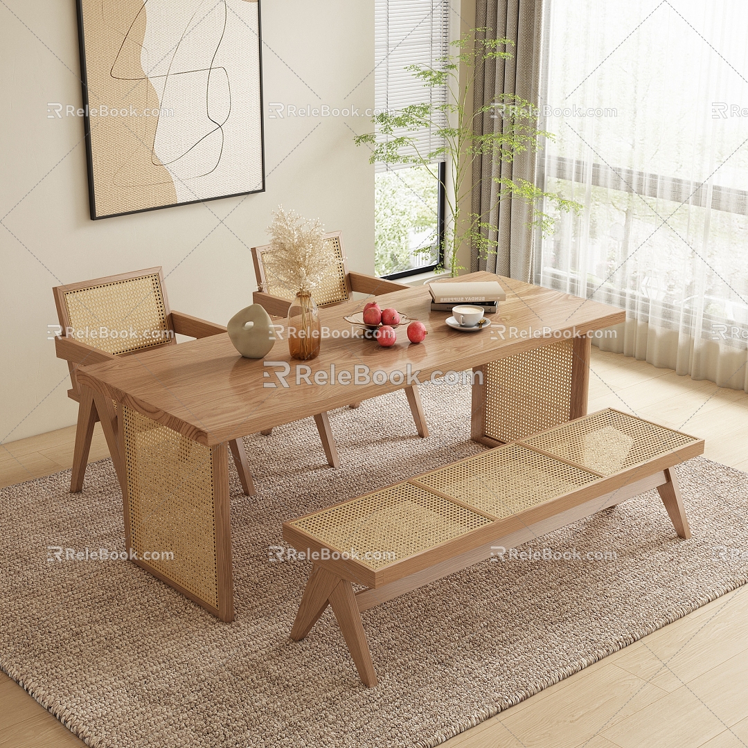 Silent Wind Solid Wood Rattan Table and Chair 3d model