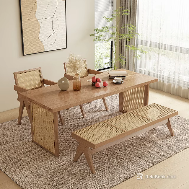 Wooden Dining Table Set with Rattan Back Chairs Bench and Decorative Accents in Natural Light 3d model 