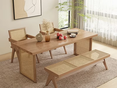 Wooden Dining Table Set with Rattan Back Chairs Bench and Decorative Accents in Natural Light 3d model