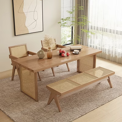 Wooden Dining Table Set with Rattan Back Chairs Bench and Decorative Accents in Natural Light 3d model