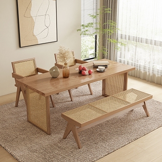 Silent Wind Solid Wood Rattan Table and Chair 3d model