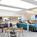 Modern Car Showroom Interior Featuring Blue Purple Vehicles Wheel Exhibits And Digital Screens