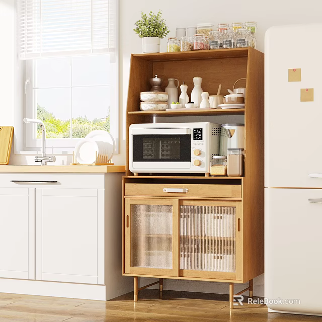 Modern Kitchen With Wooden Cabinets Glass Doors Microwave And Tableware In Natural Light 3d model 