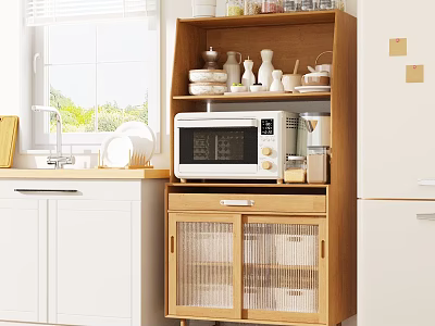 Modern Kitchen With Wooden Cabinets Glass Doors Microwave And Tableware In Natural Light 3d model