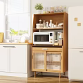Modern Kitchen With Wooden Cabinets Glass Doors Microwave And Tableware In Natural Light