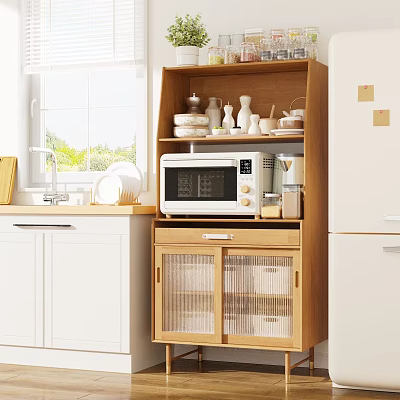 Modern Kitchen With Wooden Cabinets Glass Doors Microwave And Tableware In Natural Light 3d model