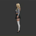 Blonde Woman Wearing Gray Long Sleeve Top Black Skirt White Thigh High Socks Black Heels