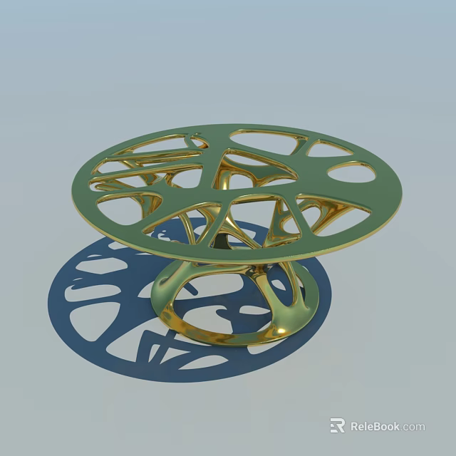 Modern Round Outdoor Table With Green Hollow Tree Branch Design And Golden Base 3d model 