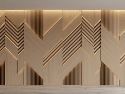 Modern Wooden Feature Wall With Geometric Linear Patterns And Ambient Lighting 3d model