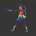 Game Movie Character In Blue Red American Flag Uniform Holding Gun And Sword Combat Pose