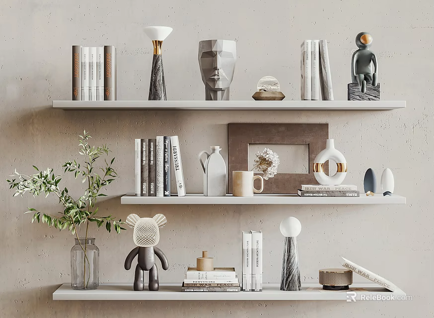 Minimalist Decorative Ornament Set on Wall Shelves with Books Green Plants and Sculptures 3d model 