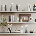 Minimalist Decorative Ornament Set on Wall Shelves with Books Green Plants and Sculptures