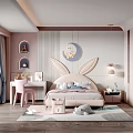 Pink Themed Kids Room With Bunny Ear Headboard Moon Decor Desk Chair And Rug