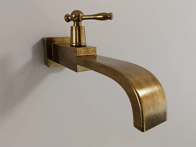 Brass Wall Mounted Faucet With Curved Spout And Vintage Handle Design 3d model
