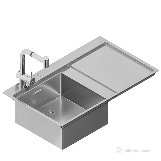 Modern Stainless Steel Kitchen Sink With Single Bowl Faucet And Flat Surface 3d model 