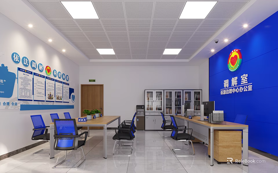 Administrative Service Hall Interior With Blue Walls Desks Chairs File Cabinets And Computers 3d model 