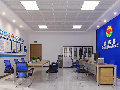 Administrative Service Hall Interior With Blue Walls Desks Chairs File Cabinets And Computers 3d model