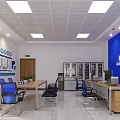 Administrative Service Hall Interior With Blue Walls Desks Chairs File Cabinets And Computers