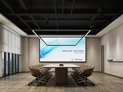 Modern Conference Room Interior With Long Table Ergonomic Chairs And Projection Screen 3d model