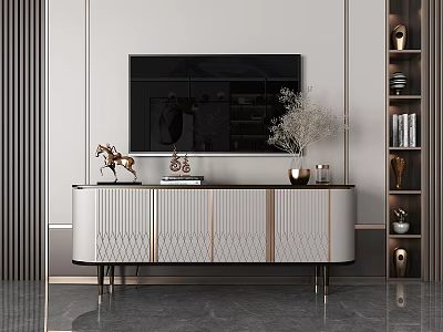 Modern TV Stand With Gold Trim And Geometric Pattern In Living Room Interior 3d model