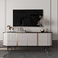 Modern TV Stand With Gold Trim And Geometric Pattern In Living Room Interior
