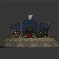 Blue Medieval Tent Miniature with Wooden Barrels Cart Wheel and Round Stone Base