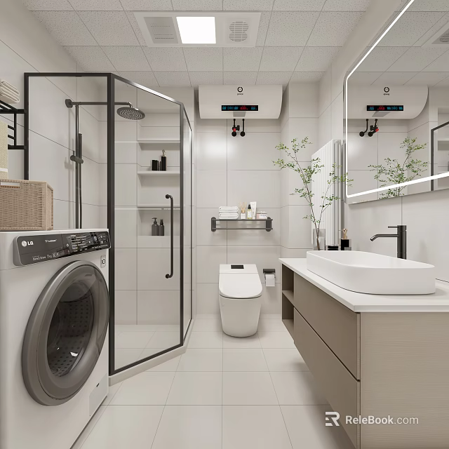 Modern Bathroom Interior Design With Open Shower Toilet Vanity White Tiles Mirror And Plants 3d model 