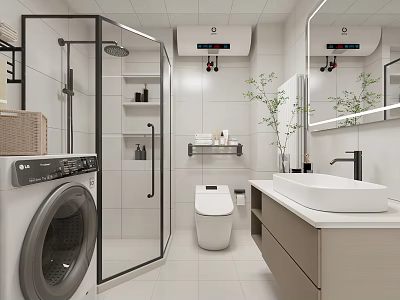 Modern Bathroom Interior Design With Open Shower Toilet Vanity White Tiles Mirror And Plants 3d model