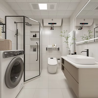 Modern Bathroom Interior Design With Open Shower Toilet Vanity White Tiles Mirror And Plants 3d model