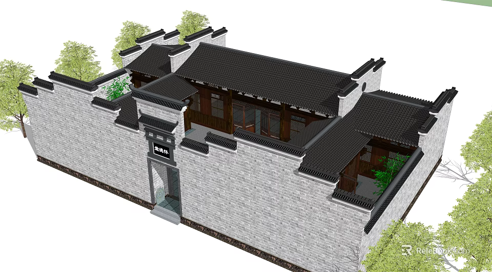 Ancient Chinese Architecture With Gray Brick Walls Black Tiled Roofs And Courtyard Green Plants 3d model 