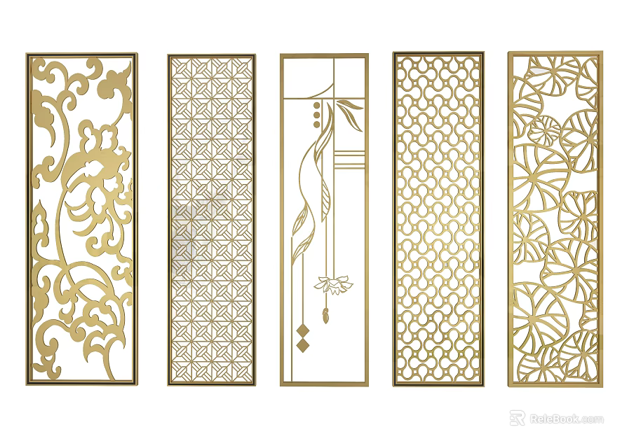 Golden Room Dividers With Intricate Cut Out Patterns And Various Designs 3d model 