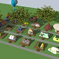 Scenic Campsite With Colorful Tents Trees String Lights And Hot Air Balloon At Sunset