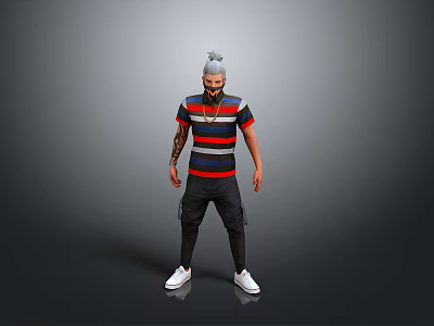 Man With Silver Gray Hair And Beard Wearing Striped T Shirt Black Pants White Shoes 3d model