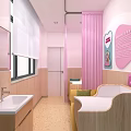 Female Employees Carnation Service Station Interior Featuring Pink Design Sofa And Green Plant