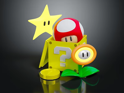 Mario Question Block With Red Mushroom Yellow Star And Fire Flower 3d model