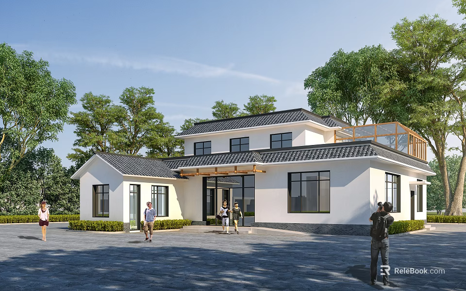 Modern Two Story White House With Black Roof Surrounded By Trees And People In Front 3d model 