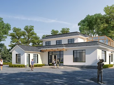 Modern Two Story White House With Black Roof Surrounded By Trees And People In Front 3d model